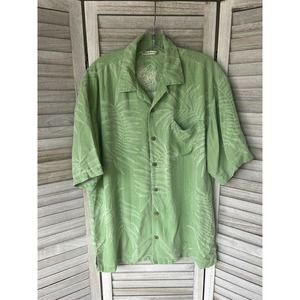 Tommy Bahama Shirt Mens Large 100% Silk Casual Button Down Green Palm Tree Print